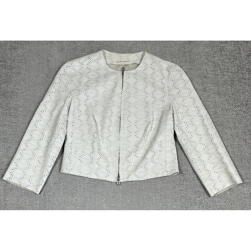 Liviana Conti Leather Jacket Womens IT 40 US Small White Laser Cut Full Zip Read
